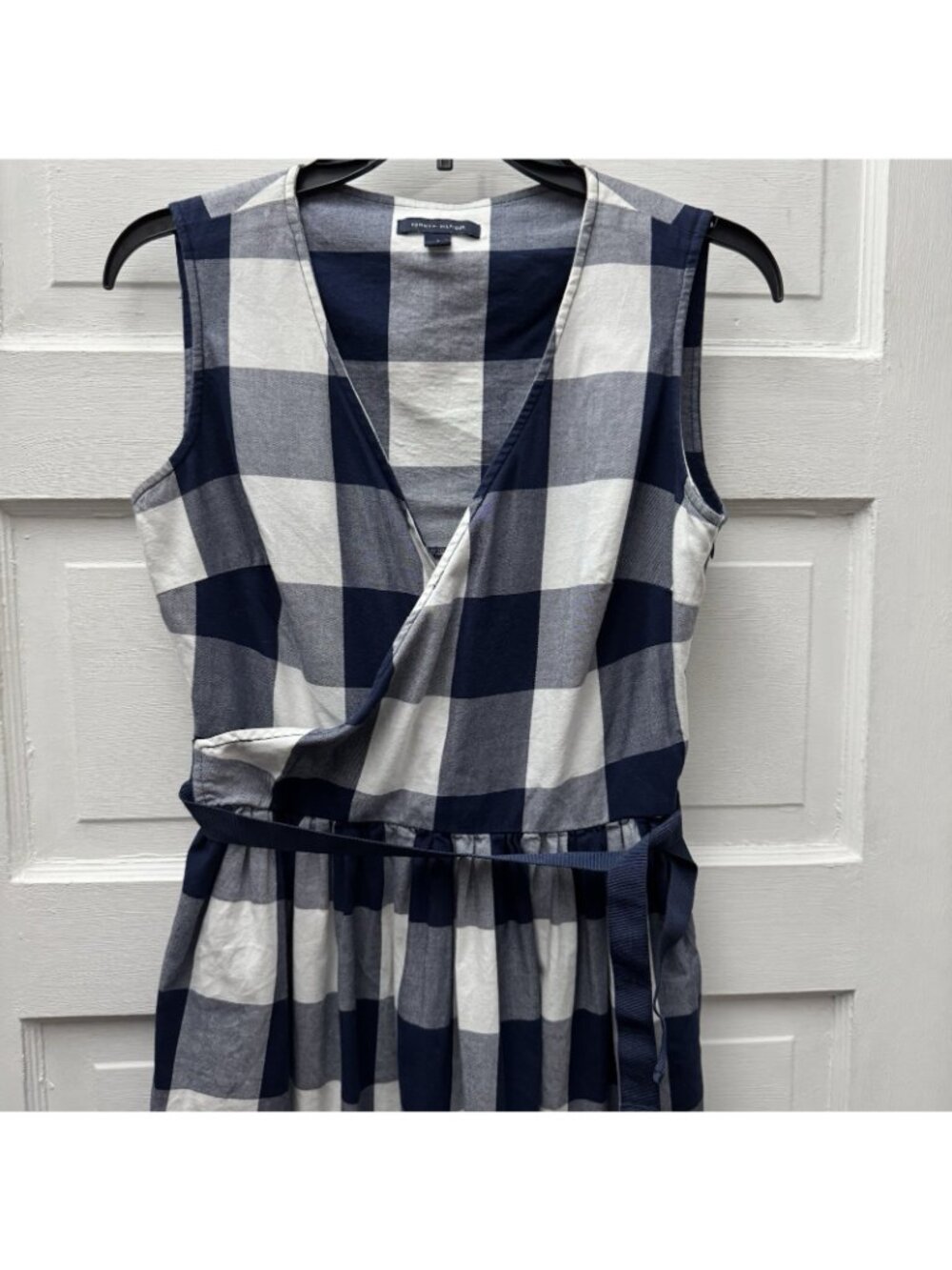 Tommy Hilfiger Dress Womens 2 Blue White Buffalo Check Wrap Tie Cotton - Picture 3 of 9